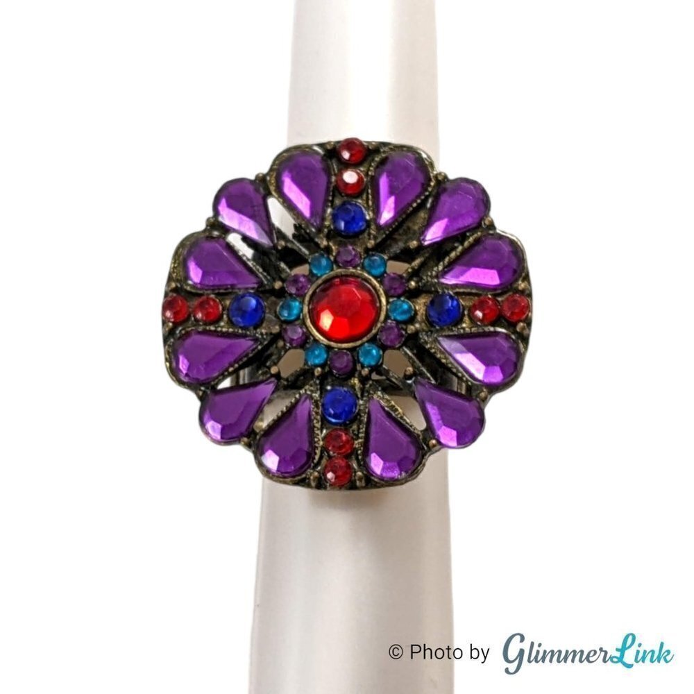 Floral Multicolor Rhinestone Stretch Statement Ring Brass Tone